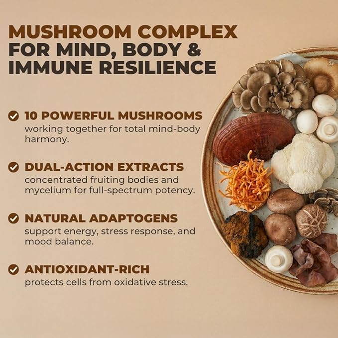 Vital 10-in-1 Mushroom Supplement Complex – High Potency Lion’s Mane Cordyceps Reishi &amp Turkey Tail Capsules – Nootropic Brain Support for Memory Focus &amp Energy – 30 Day Supply
