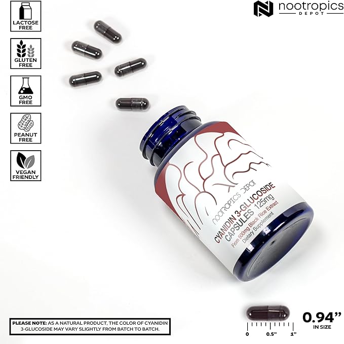 Nootropics Depot Cyanidin 3-Glucoside Capsules | 125mg | 60 Count | Black Rice Extract | C3G | Oryza Sativa | Metabolic Vision &amp Cognitive Support