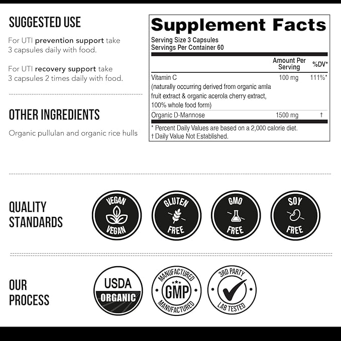 Mannose-C - Organic D-Mannose + Whole Food Vitamin C Natural UTI Support Supplement to Flush &amp Cleanse Urinary Tract Certified Organic Urinary Health for Women Vegan Non-GMO (180 Count)