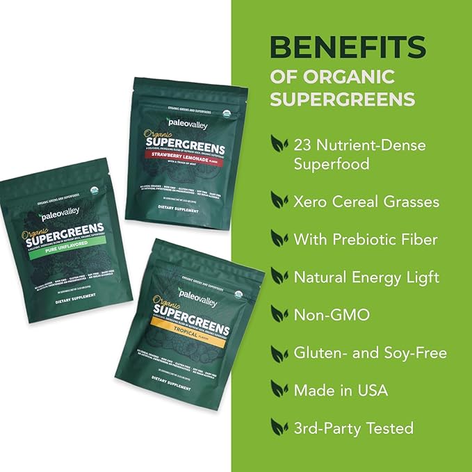Paleovalley Organic Supergreens Powder - 23 Superfoods with Prebiotic Fiber for Energy and Immunity Support - No Cereal Grasses for Maximum Absorption - Tropical 30 Servings