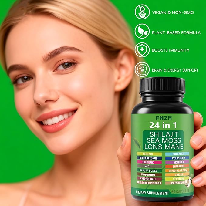 Soursop Capsules with 24-in-1 Herbal Blend - Includes Graviola Shilajit Sea Moss Lions Mane Turmeric Ashwagandha Ginger Manuka Honey - Vegan Non-GMO Dietary Supplement - 60 Capsules (01)
