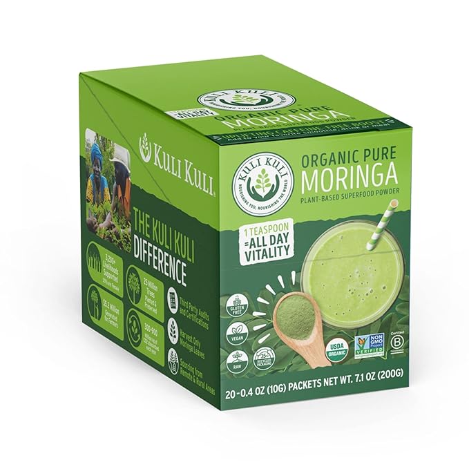 Kuli Kuli Moringa Oleifera Organic Leaf Powder &amp Green Smoothie 100% Pure USDA Certified &amp Non-GMO Moringa Powder Great with Smoothies Tea and Food 0.4 Ounce Pack of 20 (KK_PM)