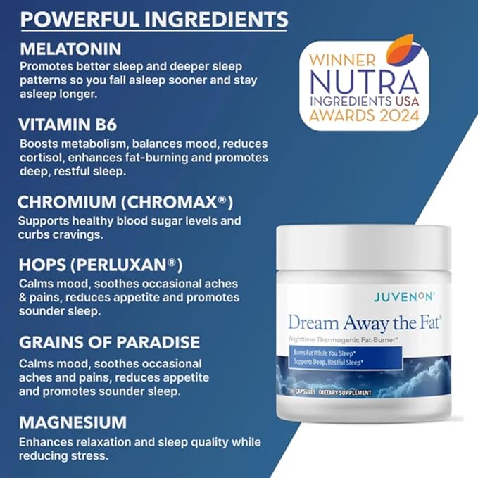 Juvenon Dream Away The Fat® – Nighttime Support with Melatonin Grains of Paradise &amp Chromium – Relaxation &amp Metabolism Support While You Rest – 30 Capsules (15 Servings)