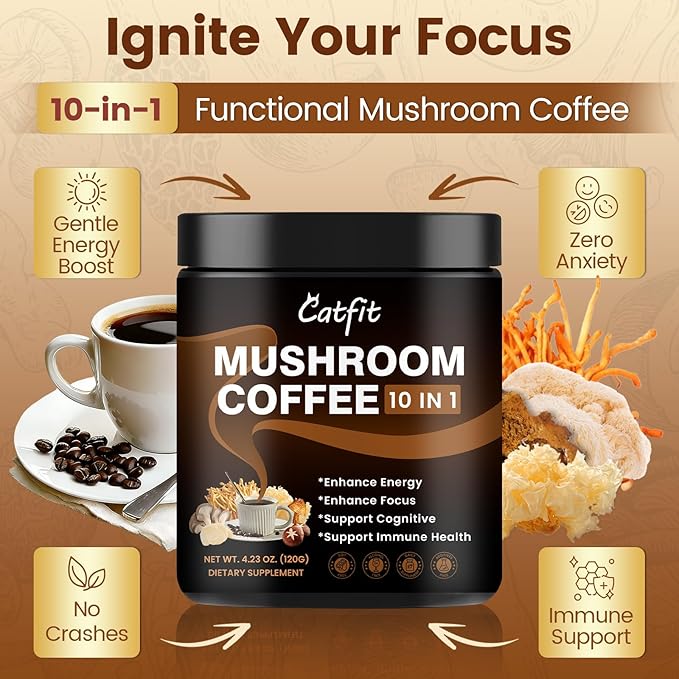 Catfit Instant Mushroom Coffee Powder 10-in-1 Adaptogen Blend with Lion's Mane Chaga &amp Cordyceps for Energy Focus Gut Health &amp Immune Support - 240g 75 Servings