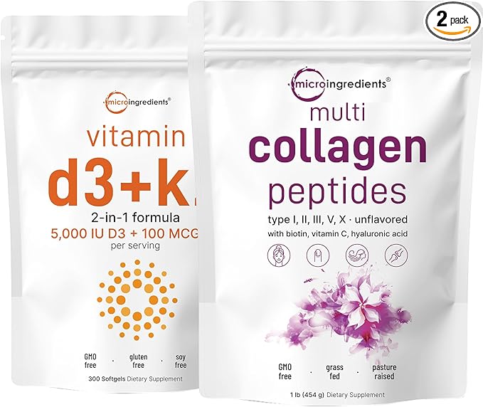 Micro Ingredients Multi Collagen Protein Powder 16oz &amp Vitamin D3 5000iu + K2 100mcg Softgels Bundle 2 Pack | Grass-Fed Collagen Peptides | Essential Sunshine Vitamins
