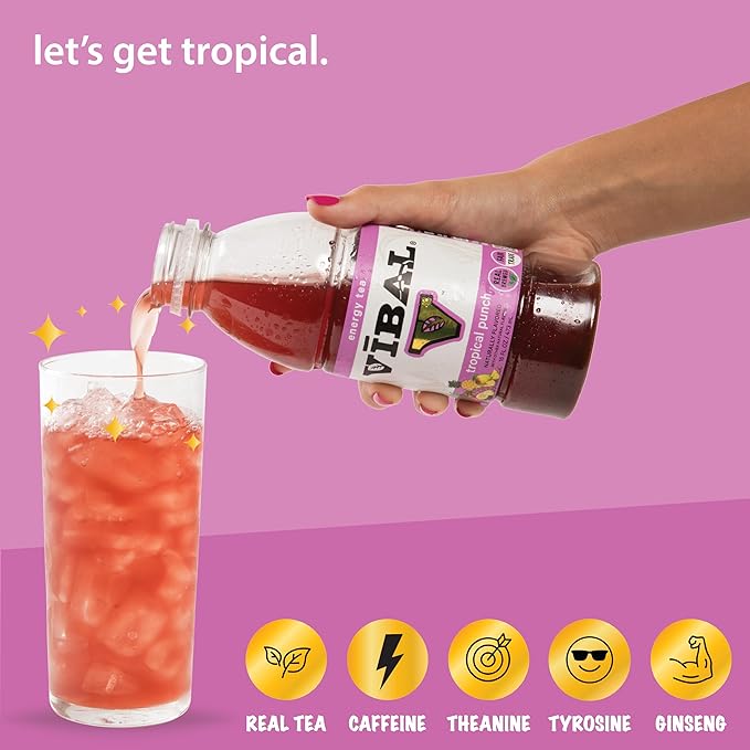 VIBAL ENERGY TEA Tropical Punch 16 Fl Oz 6-Pack Natural Energy High Caffeine Ginseng Theanine Low Sugar Low Carb Low Calorie Adaptogens Nootropics