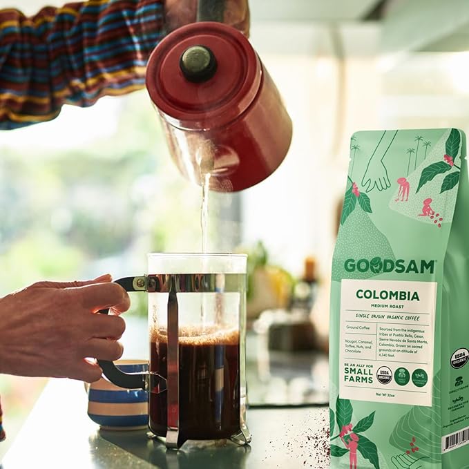 GoodSAM Colombian Medium Roast Organic Ground Coffee — Smooth &amp Balanced Flavor — Single-Origin Arabica Coffee — 32 oz Bulk Bag