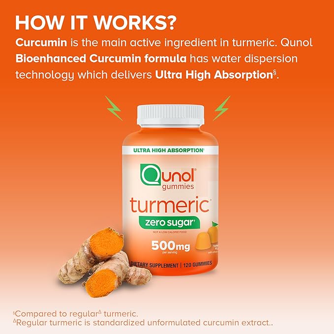 Qunol Zero Sugar Turmeric Gummies Gummy with 500mg Turmeric Curcumin Joint Support Supplement Ultra High Absorption Tumeric Curcumin Vegetarian Gluten Free 120 Count