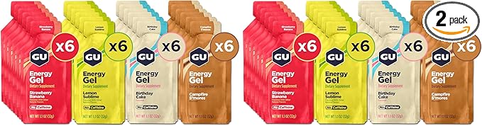 GU Energy Original Sports Nutrition Energy Gels 24-Count Vegan Gluten-Free Kosher and Dairy-Free for Any Workout Assorted Caffeine-Free Flavors Variety Pack (Pack of 2)