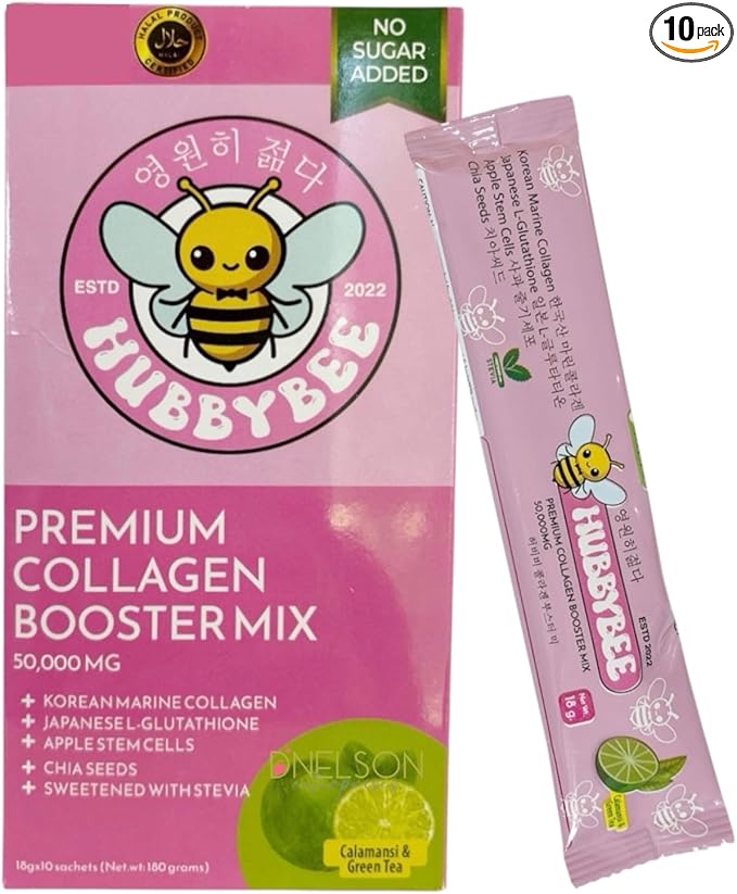 Hubby Bee Premium Collagen Booster Mix - 50000 MG Korean Hydrolyzed Marine Collagen with Japanese L-Glutathione &amp Apple Stem Cells - 10 Sachets (18g Each) (180g Calamansi &amp Green Tea)