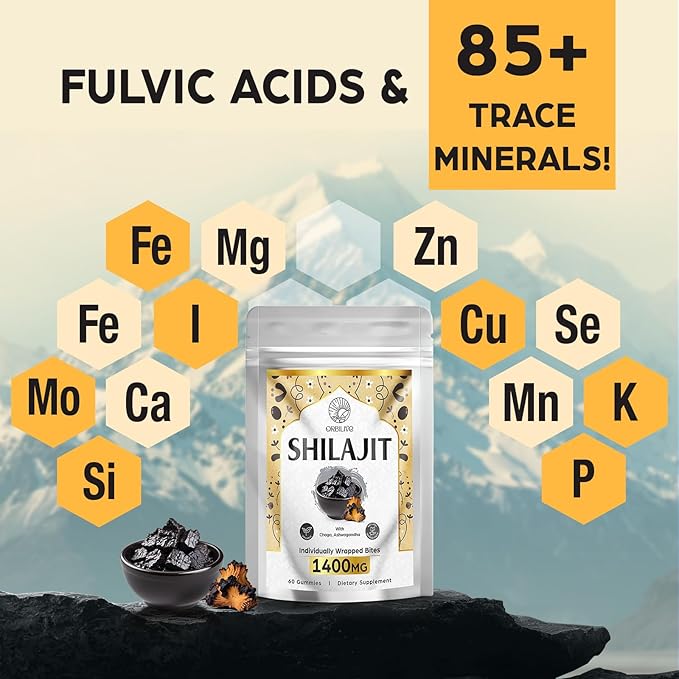 1400 MG Shilajit Gummies Shilajit Pure Himalayan Organic Gummies with Ashwagandha Himalayan shilajit for Men 85+ Trace Minerals &amp Fulvic Acid Individually Wrapped Sugar-Free 60 Gummies