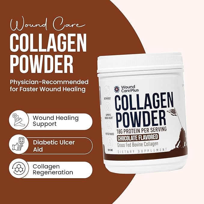 Wound Care Plus Collagen Peptides Powder Chocolate - Grass-Fed Hydrolyzed Collagen with 18g Protein - Supports Skin &amp Joint Health - Delicious Chocolate Flavor