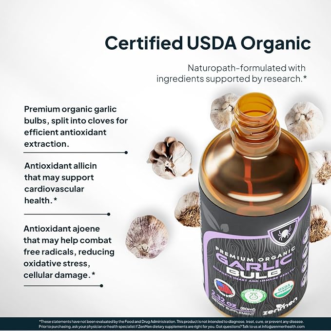 Zenmen Organic Garlic Cloves Extract (Odorless Tincture) - Immune Support Source of Antioxidants - 2.32 oz / 60ml Vegan Manufactured in the USA