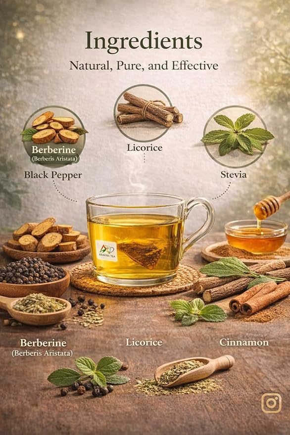 Akaaya Berberine Tea – Herbal Detox Tea with Berberine Licorice Stevia Cinnamon &amp Black Pepper – Caffeine-Free – 21 Sachets – Non-GMO ISO 9001:2015 Certified
