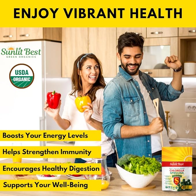 Sunlit Super 50/50 Organic Chlorella Spirulina Tablets - Super Greens Supplement for Immune Support Gut Health Mood &amp Energy - Rich in Chlorophyll Amino Acids &amp Vegan Protein 1000 Superfoo