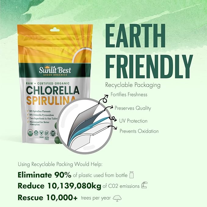 Sunlit Best Chlorella Spirulina Tablets - Organic USDA Premium Spirulina and Chlorella Tablets 1000 Count - Sun Chlorella Pure Natural Superfood with Algae Enzymes Chlorophyll &amp Vegan Protein