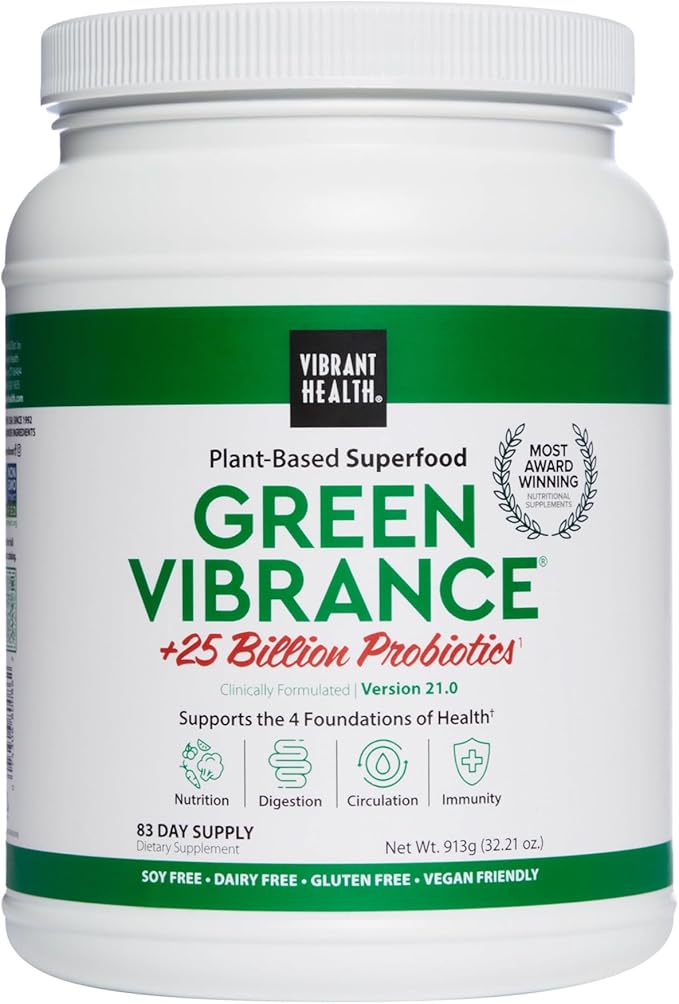 Vibrant Health Green Vibrance Includes 65 Plant-Based Superfoods 25 Billion Probiotics Fiber Adaptogens &amp Enzymes 83 Servings