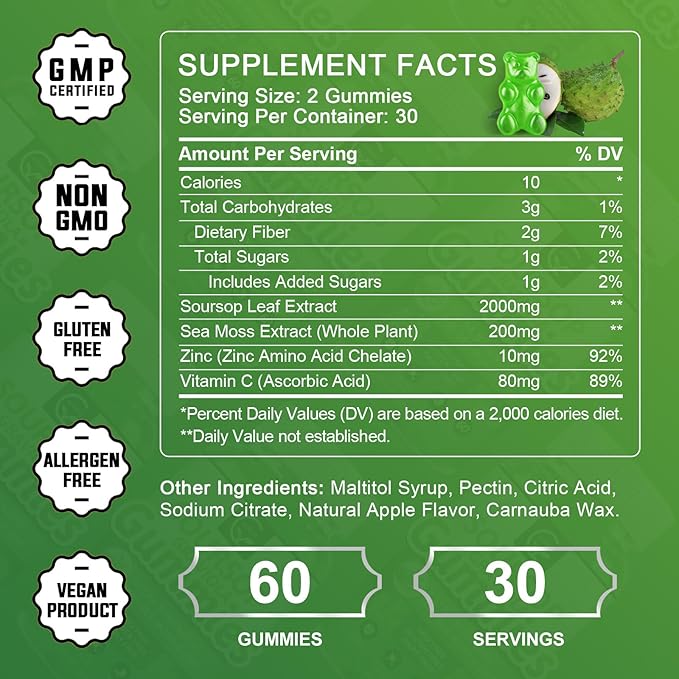 (2 Pack) Soursop Graviola Gummies - 2200mg Extra Strength Soursop Leaves Extract w/Sea Moss Extract 200mg Zinc &amp Vitamin C - Supports Immunity Liver &amp Digestive Gluten Free Vegan 120 Gumm