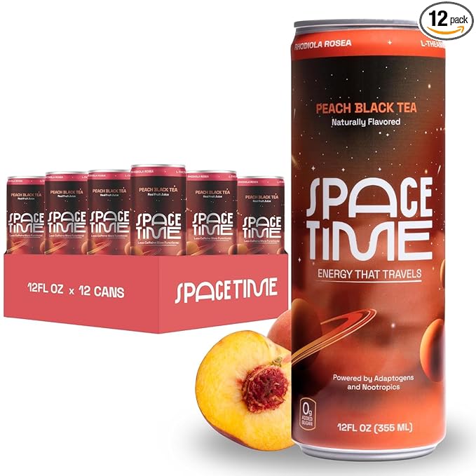 SpaceTime Productivity &amp Focus Energy Drink – Real Juice Infused Nootropic Drink with 50mg Organic Caffeine L-Theanine Rhodiola &amp B Vitamins – Clean Low-Caffeine Brain Boost – Peach Black T