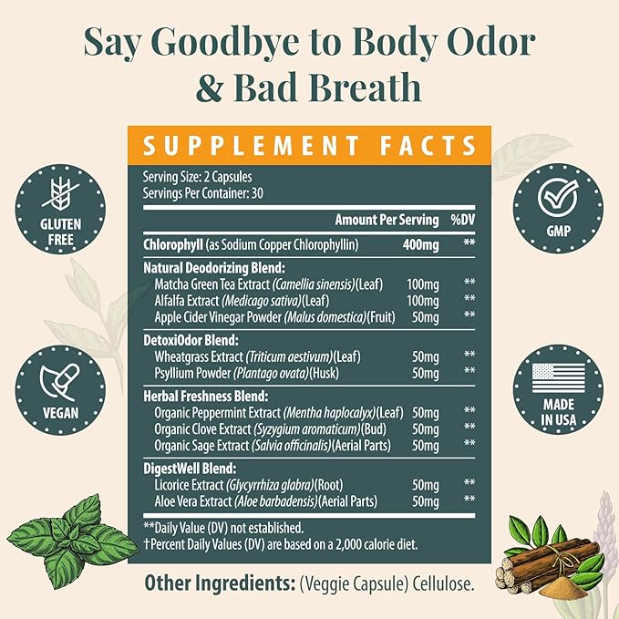 Women's Body Deodorizing Supplement – Chlorophyll Capsules for Body Odor Fresh Breath &amp Gut Detox for Social Confidence – Vegan with Matcha Green Tea Apple Cider Vinegar (60 Caps)