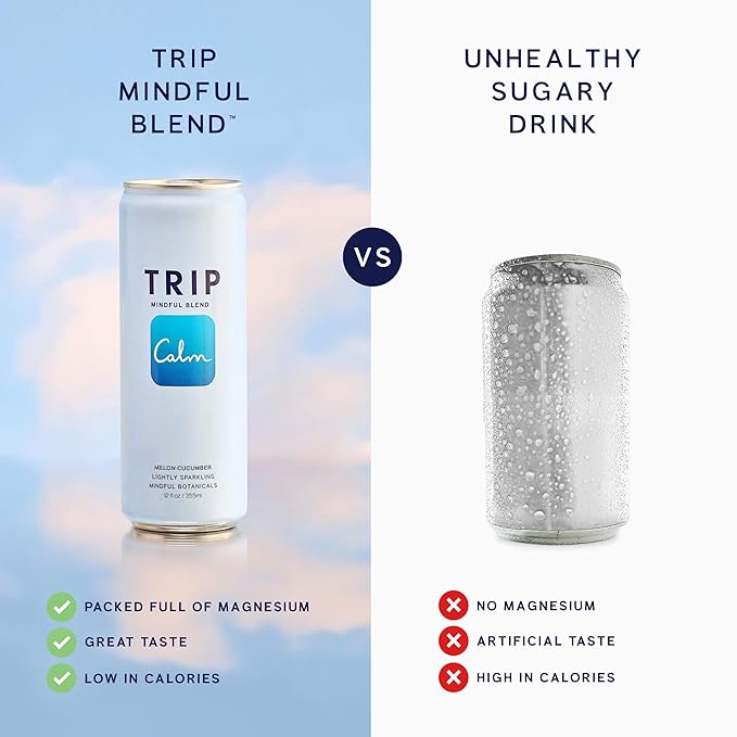 TRIP Lightly Sparkling Adaptogen Drink Non Alcoholic Drink with Magnesium Ashwagandha Lions Mane &amp L Theanine No Added Sugar Mocktail Vegan Melon Cucumber 12 Oz 12Pk