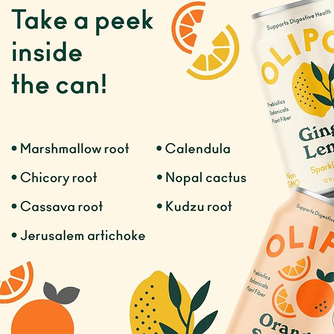 OLIPOP - Summer Fun Variety Pack Orange Squeeze &amp Lemon Ginger Healthy Soda Variety Pack Prebiotic Soft Drink Supports Digestive Health High Fiber Low Calorie Low Sugar (12 oz 12-Pack)