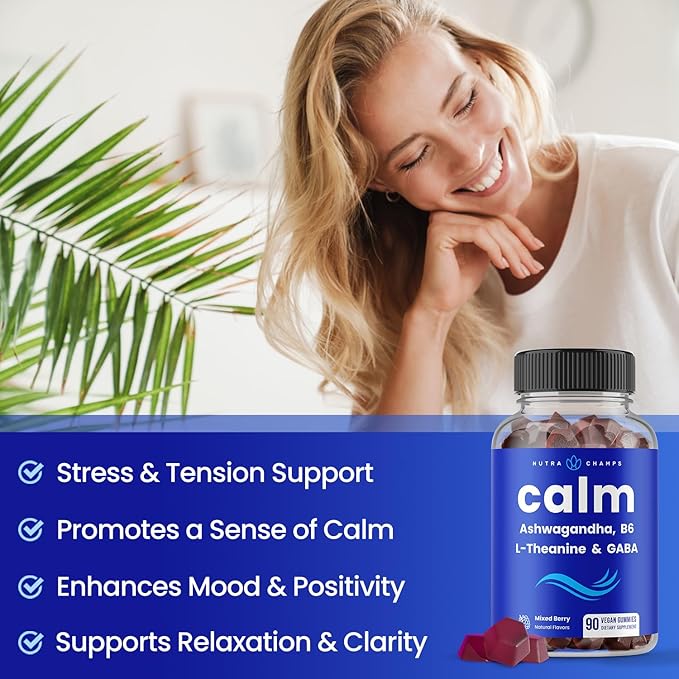 NutraChamps Calm Gummies Stress Gummies Supplement with Ashwagandha L-Theanine GABA Vitamin B6 &amp Lemon Balm 90 Gummies (Pack of 2)