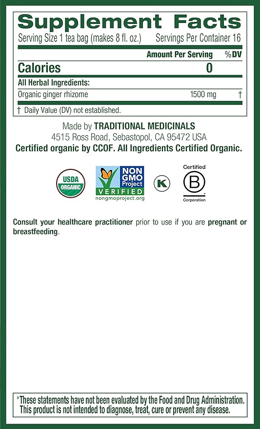 Traditional Medicinals Tea Organic Ginger Healthy Digestion Pleasantly Spicy &amp Warming Kosher Non-GMO Caffeine-Free Compostable - 96 Tea Bags (6 Pack)