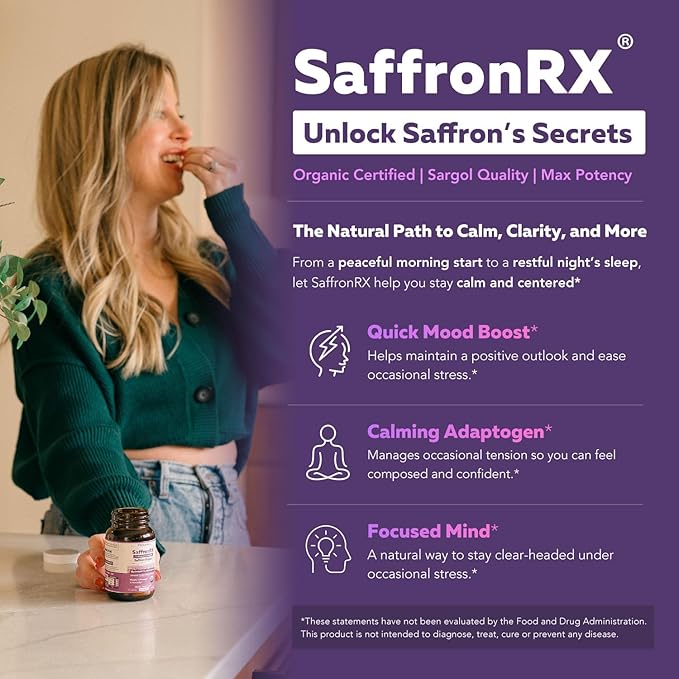 Organic Saffron Extract: Optimized Extract with Safromotivines Safranal and Crocins – Clinically Studied | Premium Persian Sargol Quality | Supports Mood Calmness and Relaxation – 30 Servings
