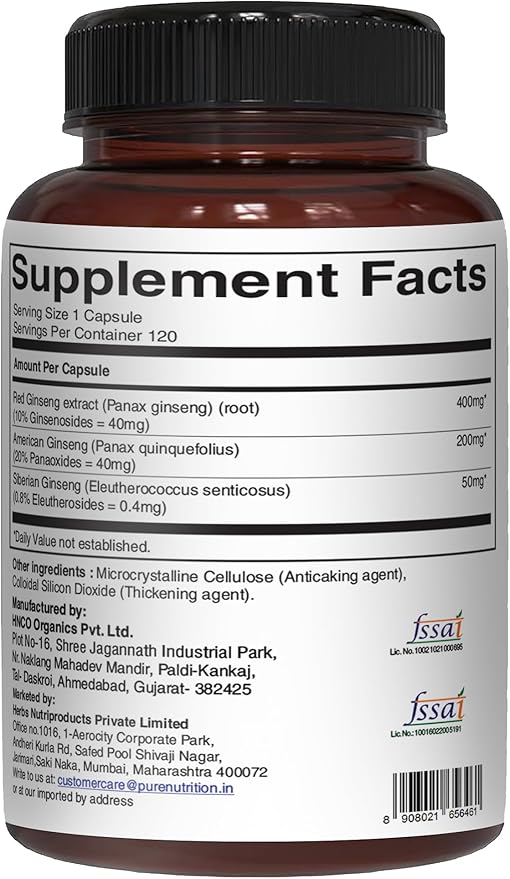 Pure Nutrition Triple Ginseng 650mg | 120 Caps | Complex for Men and Women | Highly Effective Combination of Red American and Siberian Ginseng. Non GMO