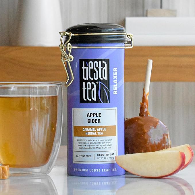 Tiesta Tea - Apple Cider Herbal Tea and Brewbasket Infuser Bundle Caramel Apple Tea Non-Caffeinated 4oz Refillable Tin with 5oz Reusable Stainless Steel Strainer