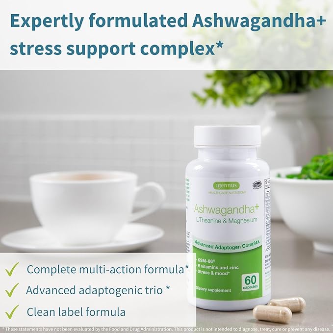 Igennus High Strength Ashwagandha Magnesium &amp L-Theanine Stress Relief Complex KSM-66 Root Extract Adaptogens Boosted with Methylfolate Zinc &amp Biotin Clean Label 60 Fast Acting Capsules