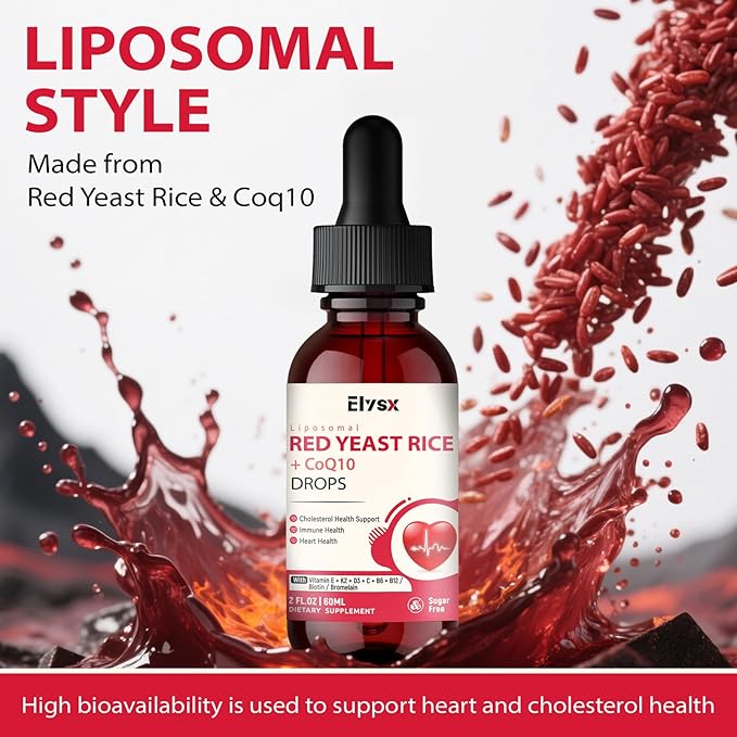 Liposomal Red Yeast Rice with Coq10 Liquid Drops Red Rice Yeast for Cholesterol Health Immune &amp Heart Support with Biotin Bromelain &amp Vitamins 2 FL OZ