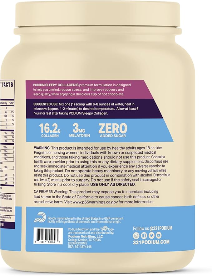 Podium Nutrition Sleepy Collagen with Melatonin Hot Chocolate 25 Servings Collagen Protein Gluten Free Soy Free