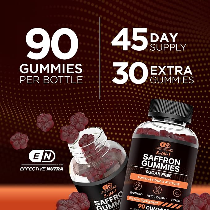Effective Nutra Saffron Gummies for Adults 88.5mg - Mood Support &amp Stress Relief with GABA Passion Flower - 5-in-1 Formula - Sugar-Free Vegan Non-GMO Made in USA - 90 Count (45-Day Supply)