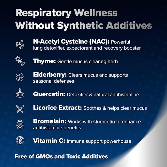 RespoClear (60 Caps): Respiratory Lung Health &amp Sinus Support Supplement - NAC Elderberry &amp Quercetin - Lung Detox for Smokers &amp The Pollution-Conscious - GMO-Free &amp Made in USA
