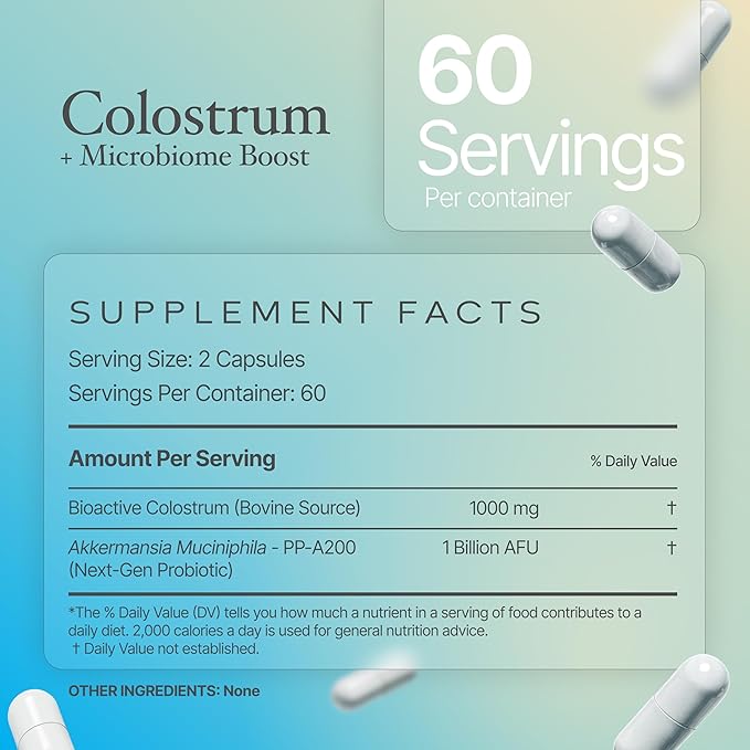 Colostrum Capsules | Grass-Fed Bovine Colostrum with Akkermansia Probiotic 1B AFU | Microbiome &amp Gut Support | High IgG Advanced Formula | 120 Capsules