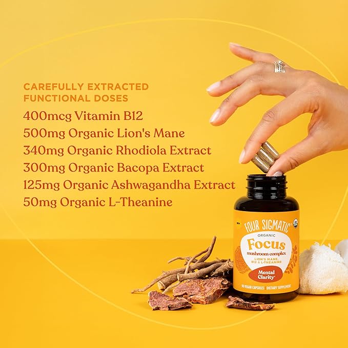 Four Sigmatic Focus Capsules | Lion's Mane Supplement Capsules | Brain Boosting Complex with Ashwagandha Bacopa Monnieri &amp Rhodiola | Vegan Nootropic Adaptogen &amp Mushroom Supplement | 30 Serv