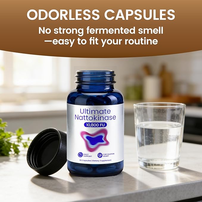 Ultimate Nattokinase Supplement with 10800 FU of Nattokinase Natural Support for Circulation &amp Cardiovascular Health Odorless Fermented Soy Enzyme Easy Daily Routine 60 Capsules
