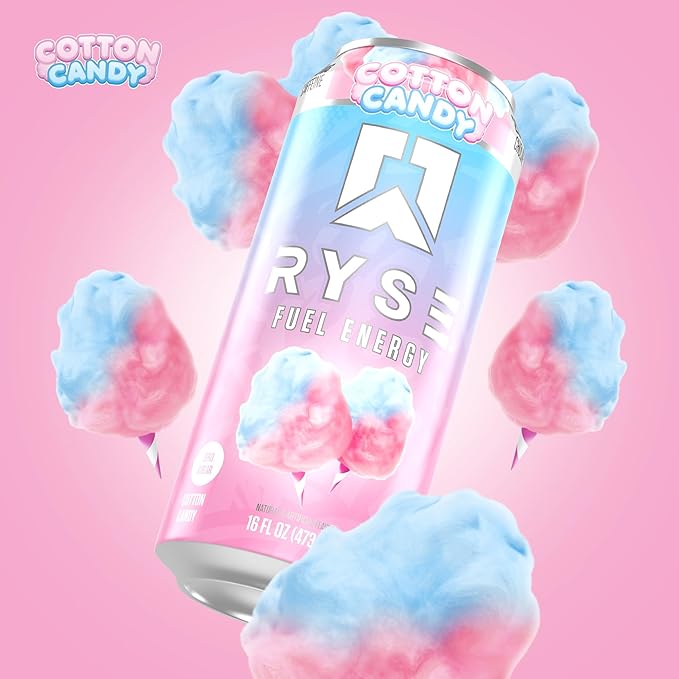 RYSE Fuel Energy Drink - Cotton Candy - Sugar Free Gluten Free &amp Vegan - 200mg Natural Caffeine Taurine &amp Choline for Focus &amp Energy - No Artificial Colors - 16 fl oz Cans (12-Pack)