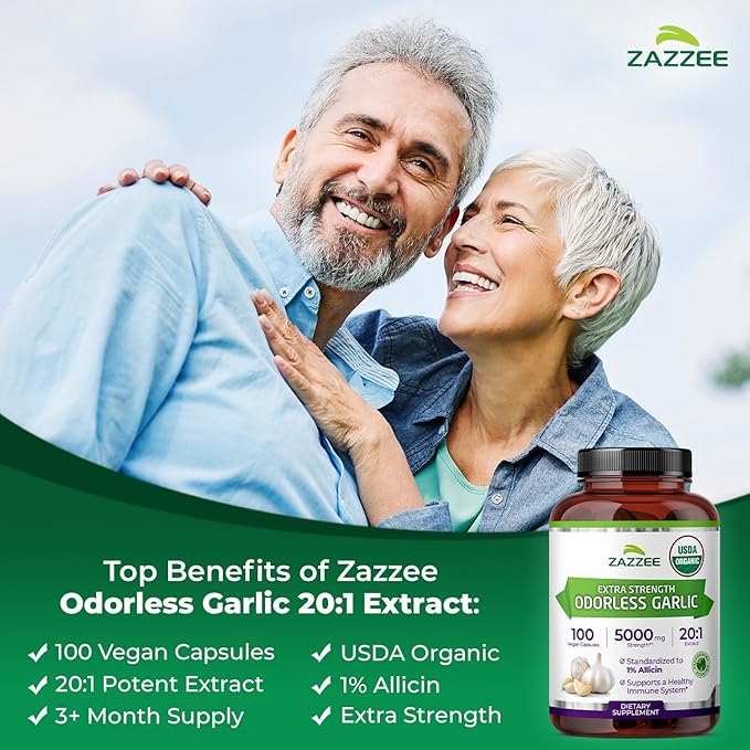 Zazzee USDA Organic Odorless Garlic 20:1 Extract 1% Allicin 100 Vegan Capsules 3+ Month Supply Allium Sativum Immune Circulation &amp Heart Health Support All-Natural Non-GMO Made in the USA