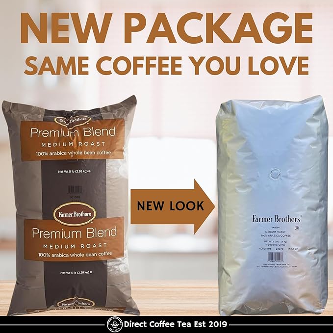 Farmer Bros Premium Blend 100% Arabica Whole Bean Coffee – Medium Roast with Nutty &amp Chocolatey Notes 5-lb Bag – Includes Direct Coffee Tea Est 2019 Barista Spoon with Clip