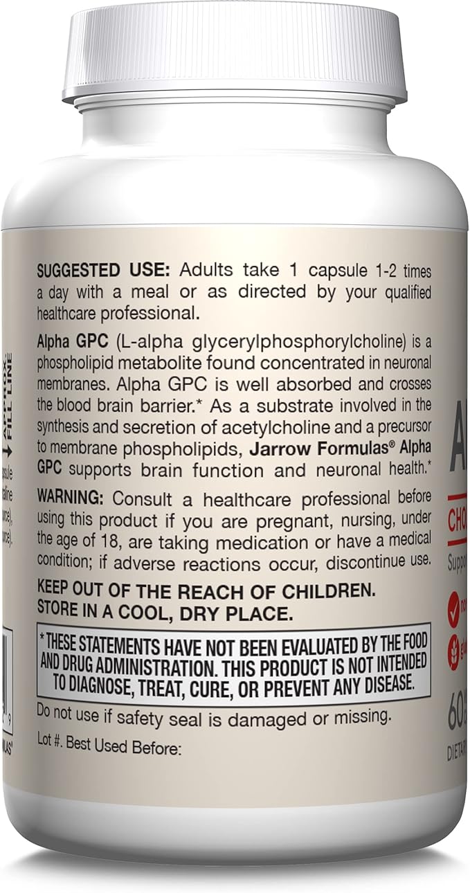 Jarrow Formulas® Alpha GPC 300mg Dietary Supplement Brain Health Supplements for Adults 60 Veggie Capsules 30 Day Supply