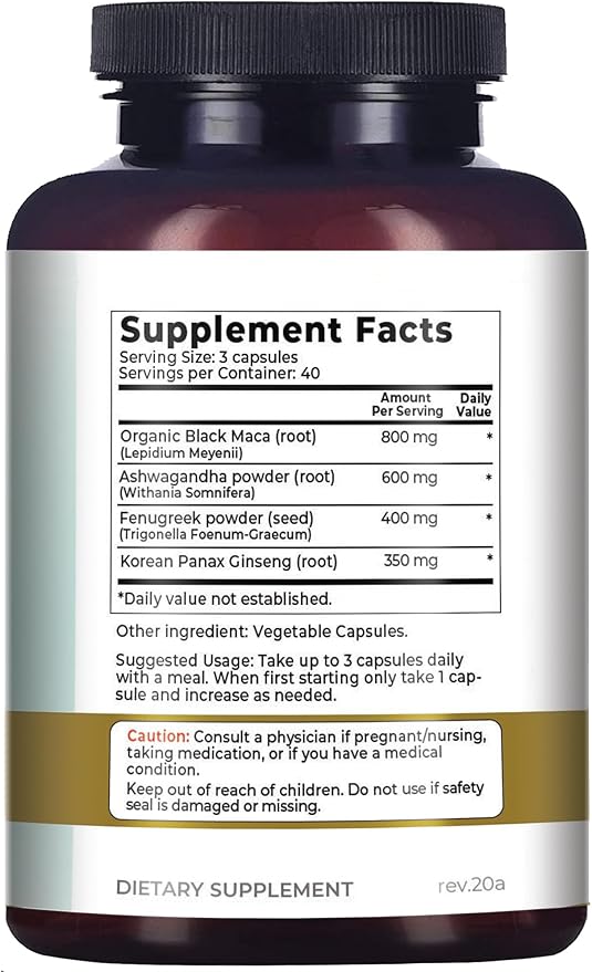 Why Not Natural 4-in-1 Organic Black Maca Root Ashwagandha Fenugreek Panax Ginseng Capsules Supplement for Men and Women