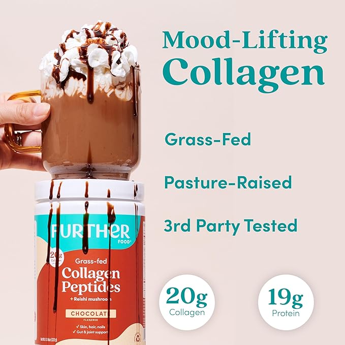 Further Food Chocolate Collagen Peptides Powder with Reishi Mushroom - 100% Grass-Fed Hydrolyzed Type 1 &amp 3 20g of Collagen per Serving Supports Skin Hair Nails &amp Joints 24.34 Oz
