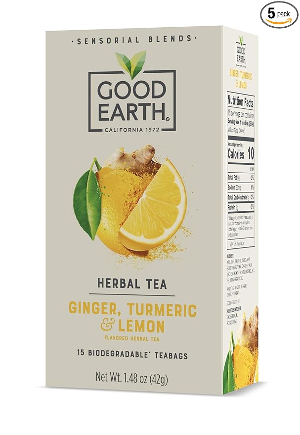 Good Earth Sensorial Blend Flavored Herbal Tea Ginger Turmeric and Lemon No Artificial Color No Preservatives 15 Bag (Pack of 5)