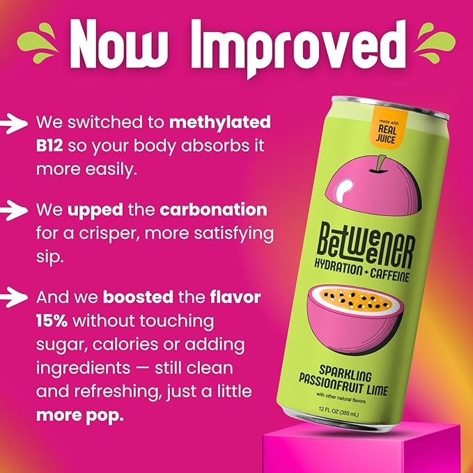 Betweener Sparkling Energy Seltzer Sparkling Water w/Real Juice &amp 100mg Caffeine Light &amp Refreshing L-Theanine for Focus Vitamins B+C - Low Sugar - 45 Cals - Passionfruit Lime (12 Pack)