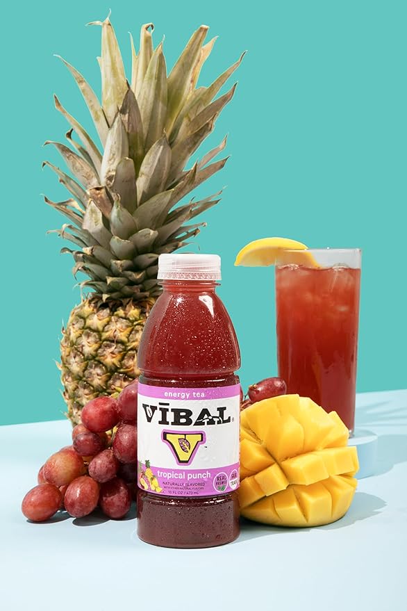 VIBAL ENERGY TEA Tropical Punch 16 Fl Oz 6-Pack Natural Energy High Caffeine Ginseng Theanine Low Sugar Low Carb Low Calorie Adaptogens Nootropics