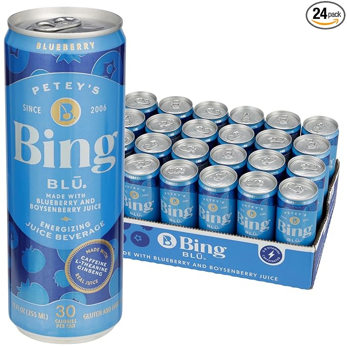 BING BLUEBERRY Energizing Juice Beverage – (12oz/24pk) – Made with REAL Juice! Only 2g added Sugar Low Calorie L-Theanine 5 B-Vitamins &amp Ginseng 125 mg Caffeine Vegan Gluten + Dairy Free. DE