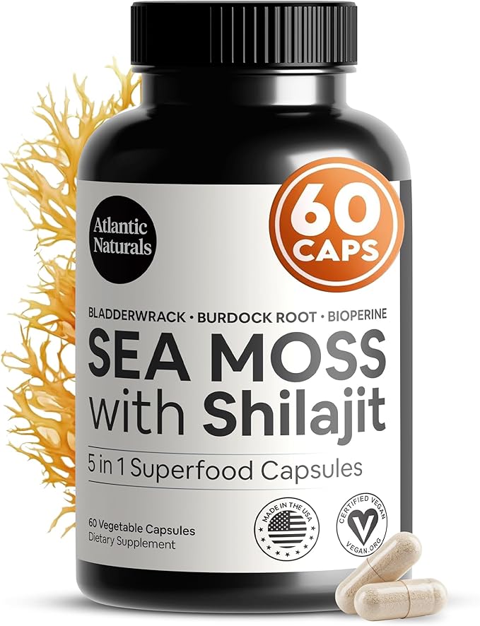 Atlantic Naturals Irish Sea Moss and Shilajit Capsules for Men &amp Women | 5-in-1 Seamoss Shilajit Combo with Bladderwrack Burdock Root &amp Black Pepper for Absorption &amp Vitality - 2705mg 60